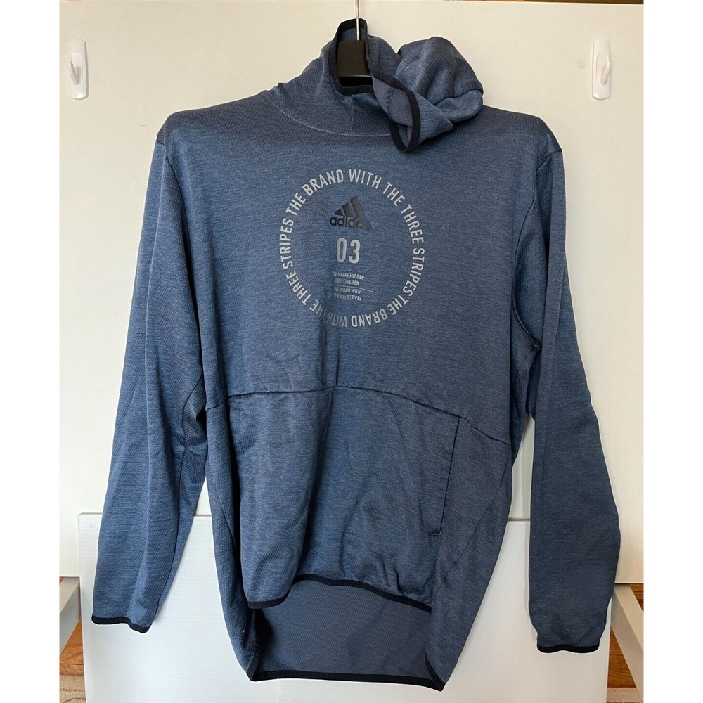 Adidas‎ Hoodie Mens L Climawarm Blue Hooded Sweatshirt Brand Three Stripes